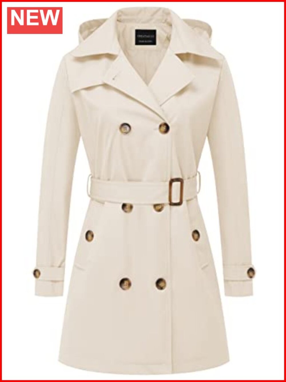 Women's Double-Breasted Trench Coat with Detachable Hood and Belt
